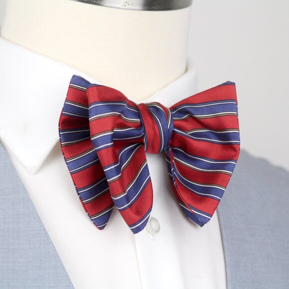 Men's Self-tied Bow Tie 100%Silk Big Butterfly Red Blue Stripe S728 - Picture 4 of 8